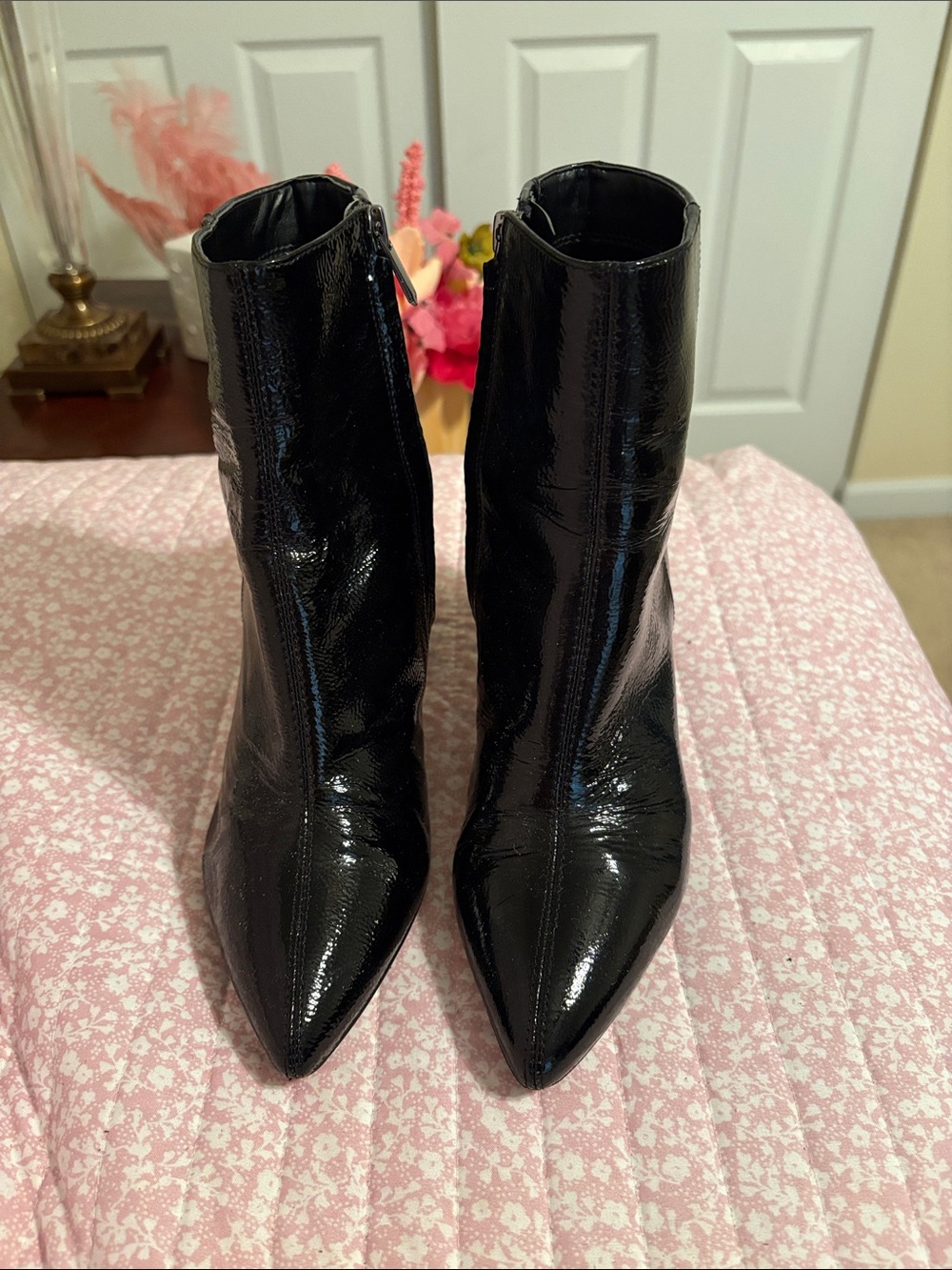 Sam Edelman Black Patent Pointed Toe Ankle Booties - Sleek Stiletto Heel